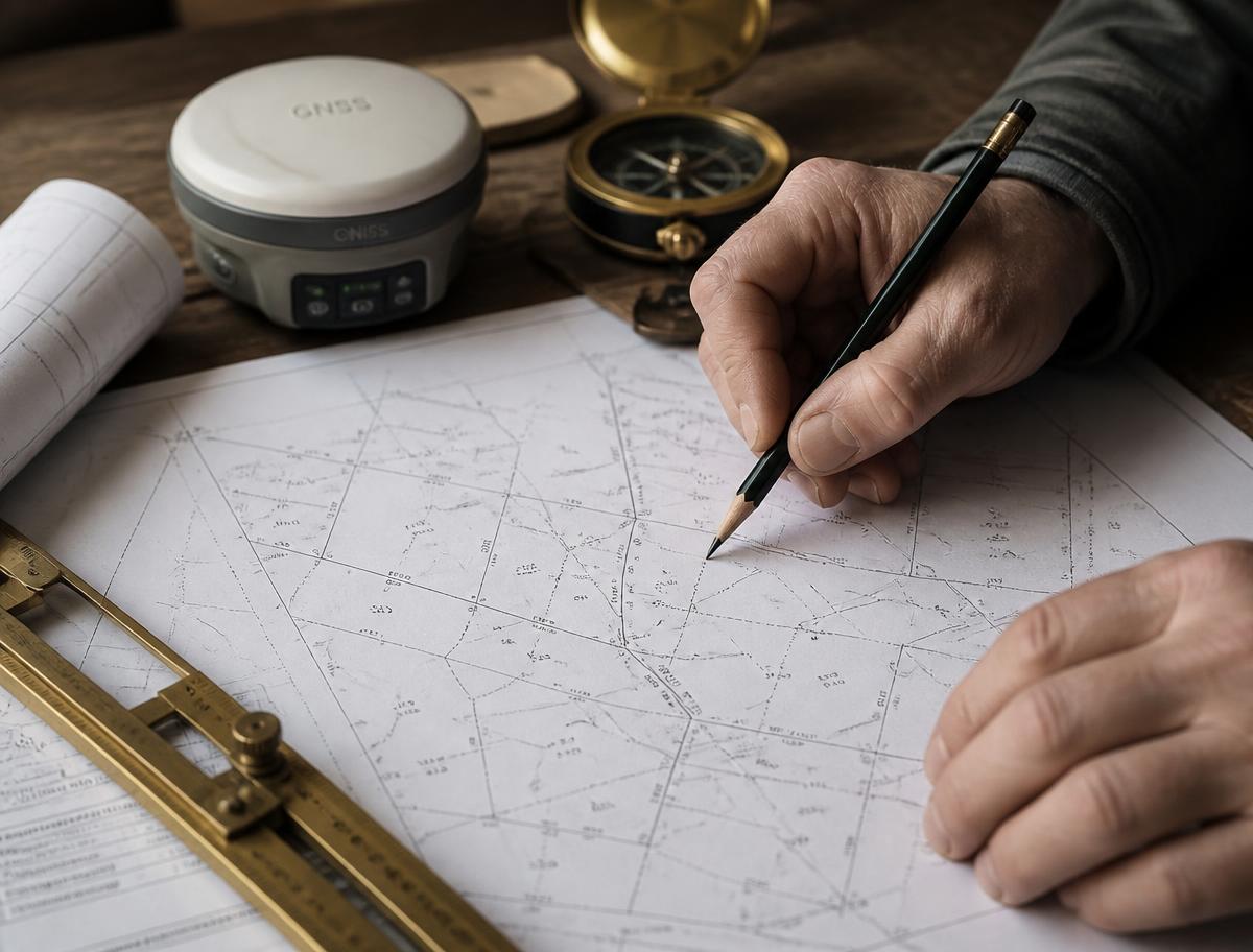 Dokumentacja geodezyjna, odbiornik GNSS i przyrządy kreślarskie na biurku